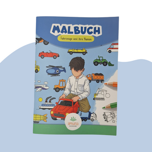 Islamisches Malbuch Fahrzeuge und ihre Namen von Ilmuna - Buchcover mit muslimischem Jungen