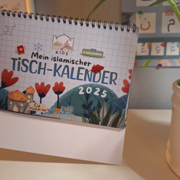 Islamischer Tischkalender 2025 – Schlichter A5-Kalender mit Spiralbindung zum Aufstellen, ideal für Schüler. Zeigt monatlich islamische Weisheiten und die wichtigsten islamischen und weltlichen Daten.